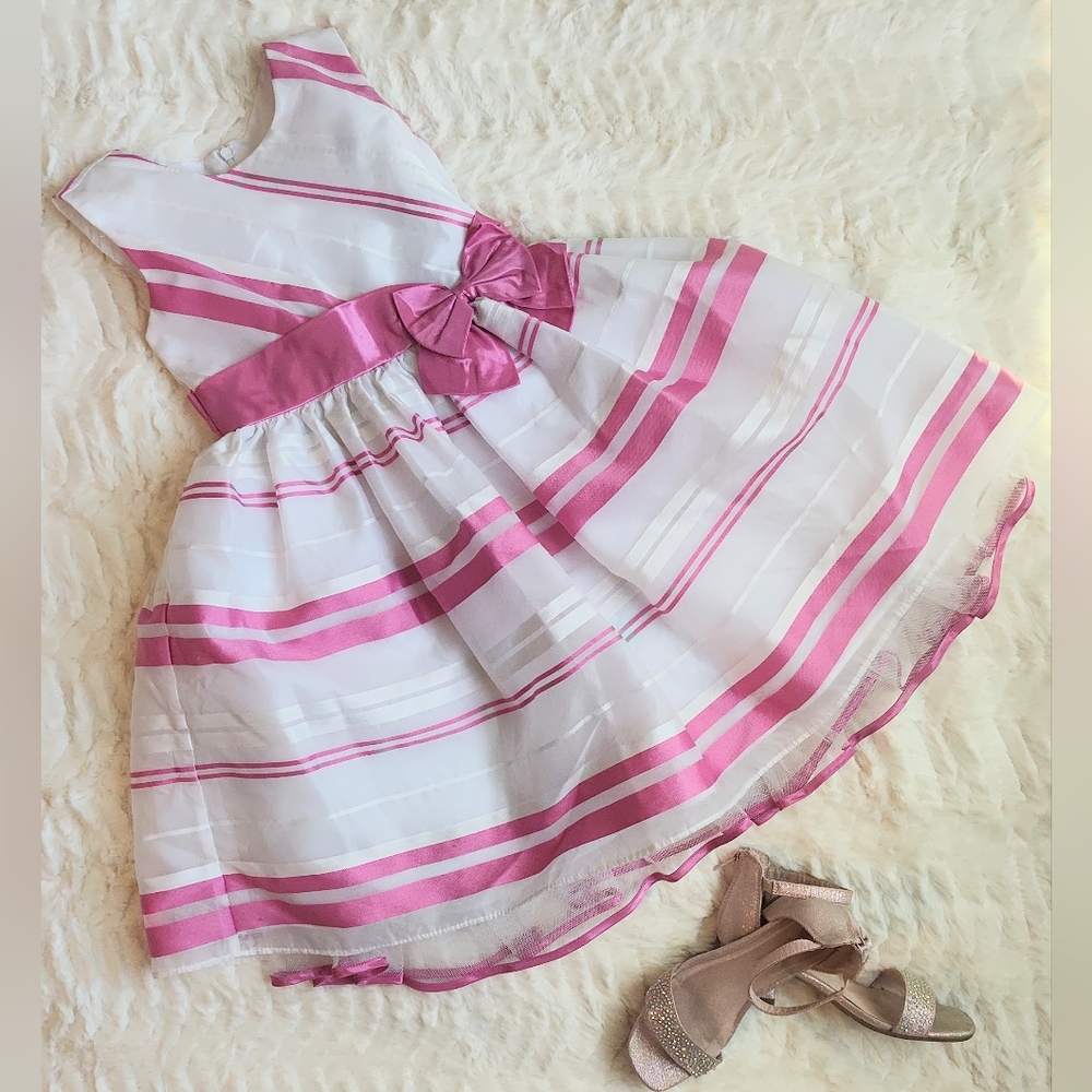 Bonnie Jean Pink and White Dress with Bow Accent